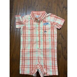 Columbia PFG Baby Bonehead Romper 18-24 Mo. white Orange Madras plaid Never Worn